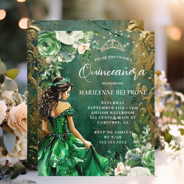 Budget Green Gold Floral Princess Quinceañera (Von Creator hochgeladen)