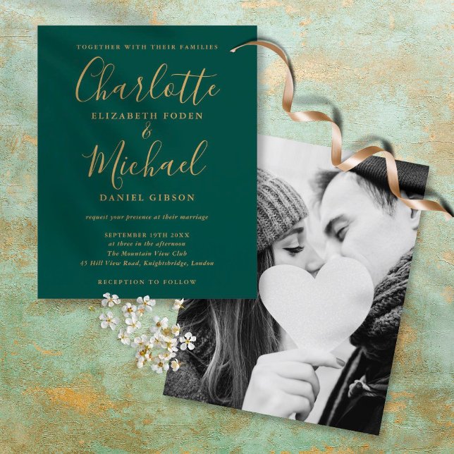 Budget Green Gold Script Foto Einladung Hochzeitsf (Von Creator hochgeladen)