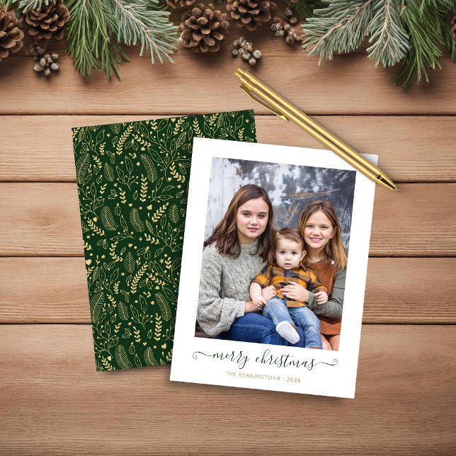BUDGET Green Gold Simple Script Weihnachts-Foto (BUDGET Green Gold Simple Script Christmas Photo Holiday Card)