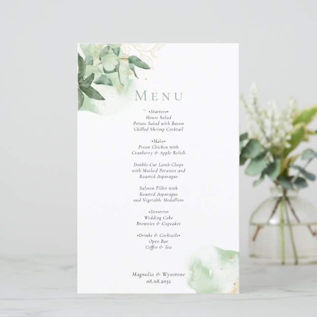 BUDGET Green Gold Wedding Menü (Stehend Vorderseite)