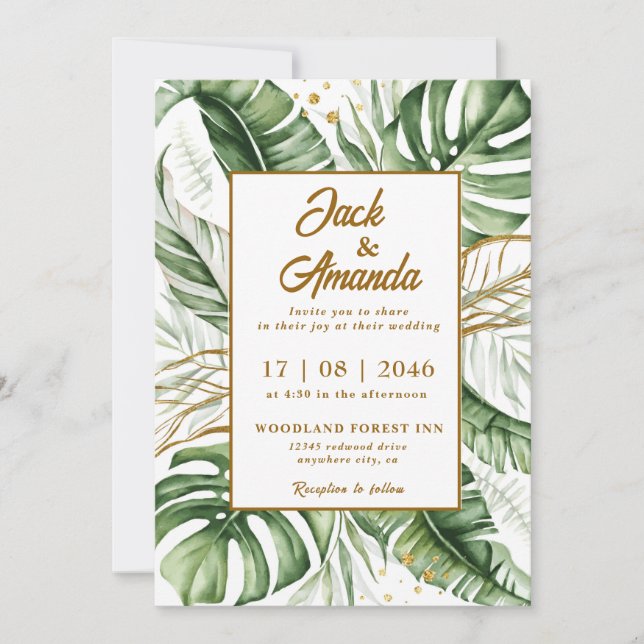 Budget Green Leaf Boho Faire-part de mariage (Devant)