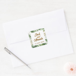 Budget Green Leaf Boho Hochzeitsaufkleber und Etik Quadratischer Aufkleber