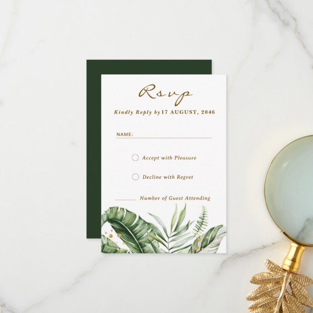 Budget Green Leaf Boho Vert Mariage RSVP Cartes (Devant/Arrière en situation)
