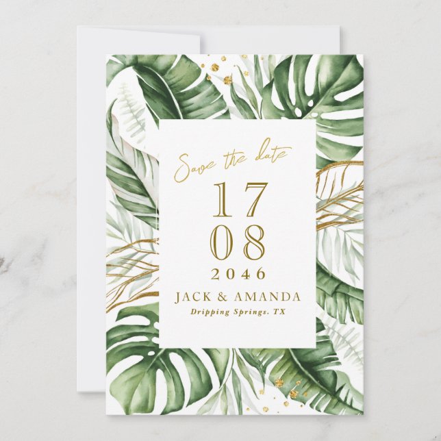 Budget Green Leaf Boho Wedding Save the Date Einladung (Vorderseite)