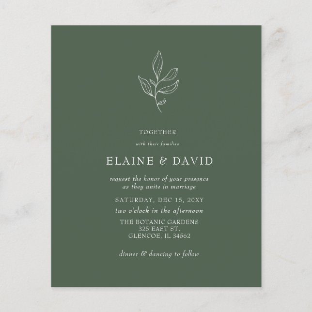 Budget Green Modern Botanical Wedding Einladungen (Vorderseite)