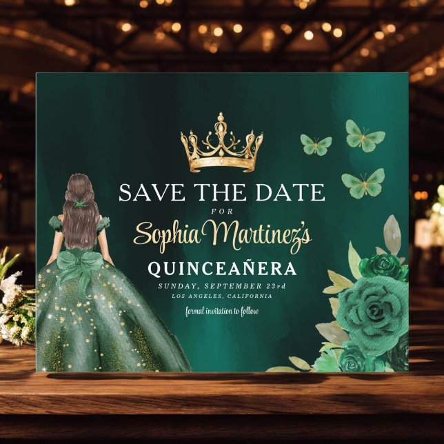 Budget Green Princess Quinceañera Save the Date Flyer (Von Creator hochgeladen)