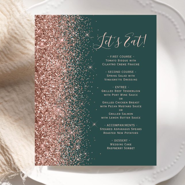 Budget Green Rose Gold Glitzer Wedding Menu (Von Creator hochgeladen)