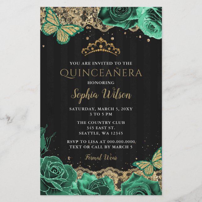 Budget Green Rose Gold Quinceañera Einladung (Vorderseite)