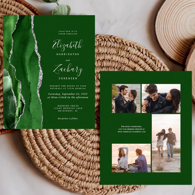 Budget Green Silver 4-Photo Wedding Invite (Von Creator hochgeladen)