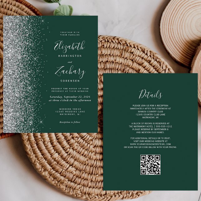 Budget Green Silver Glitzer QR Code Hochzeit Einla (Von Creator hochgeladen)