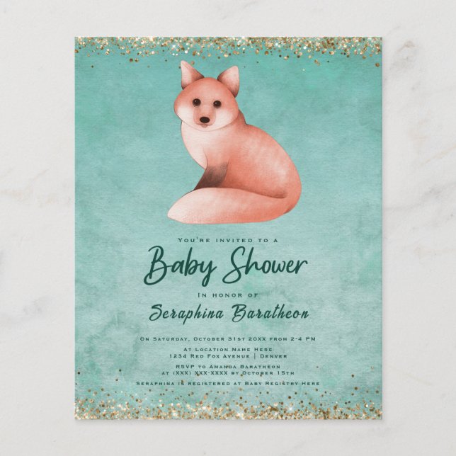 Budget Green Watercolor Woodland Fox Baby Dusche (Vorderseite)