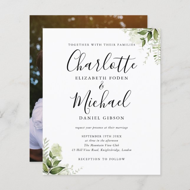 Budget Greenery Blätter Script Foto Wedding Einlad (Vorne/Hinten)