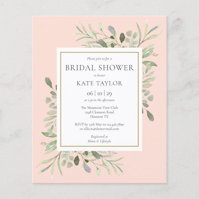 Budget Greenery Blush Pink Brautparty Einladung (Vorderseite)