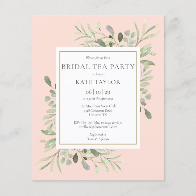 Budget Greenery Blush Pink Bridal Tea Party Einlad (Vorderseite)