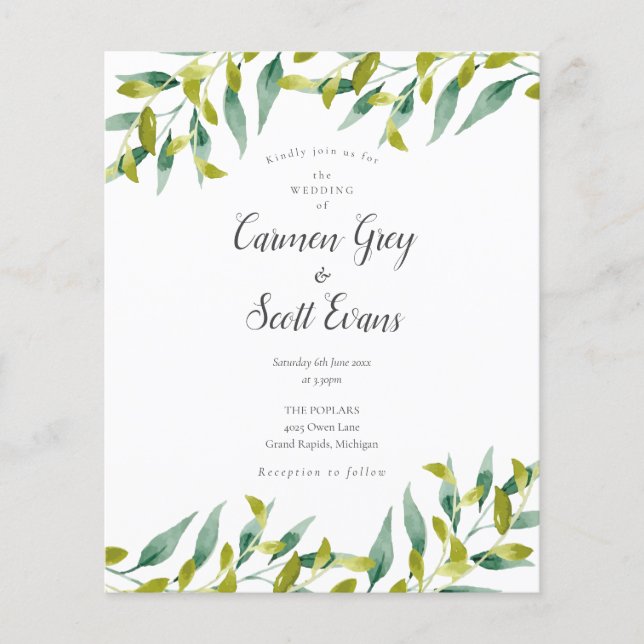 Budget Greenery Chic Script Hochzeitseinladung (Vorderseite)