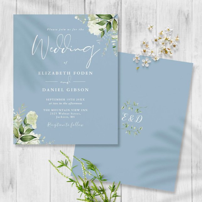 Budget Greenery Dusty Blue Wedding Einladung (Von Creator hochgeladen)