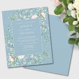 Budget Greenery Dusty Blue Wedding Einladung