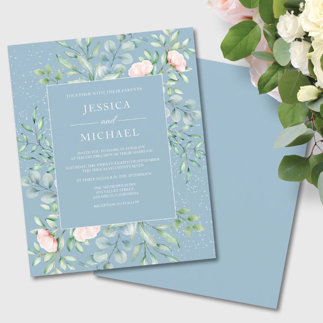 Budget Greenery Dusty Blue Wedding Einladung (Von Creator hochgeladen)