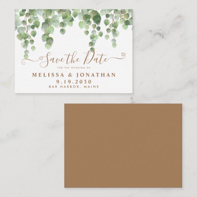 Budget Greenery Eucalyptus B Wedding Save the Date Mitteilungskarte (Vorne/Hinten)