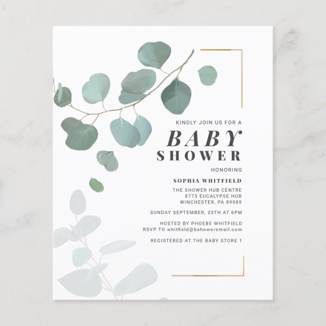 Budget Greenery Eucalyptus Baby Dusche Einladung (Vorderseite)