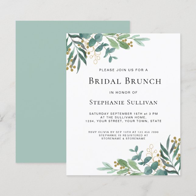 Budget Greenery Eucalyptus Bridal Brunch Einladung (Vorne/Hinten)