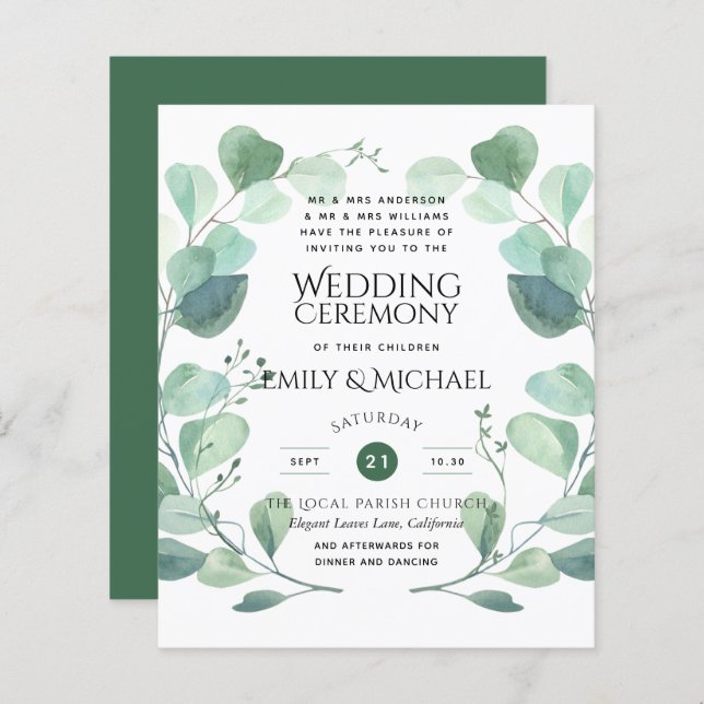 Budget Greenery Eucalyptus Wedding Einladung (Vorne/Hinten)