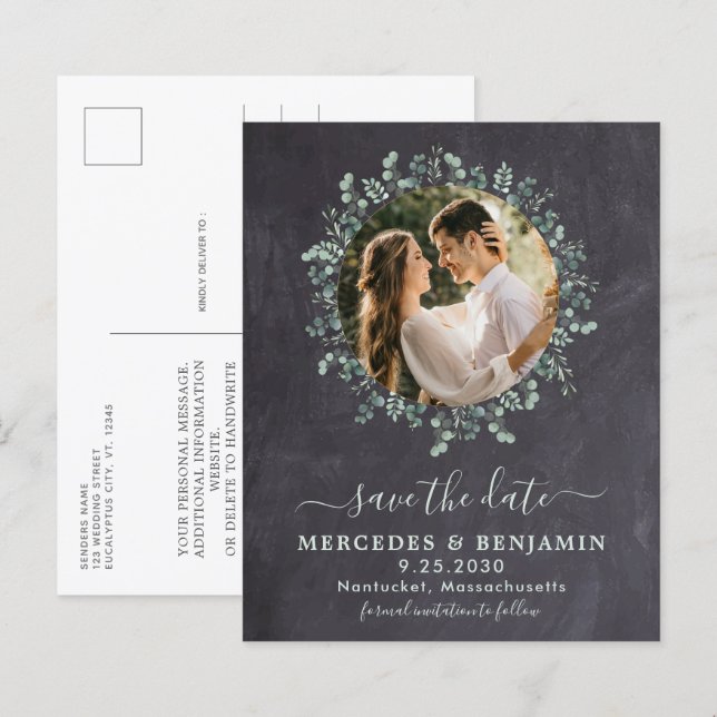 Budget Greenery Eukalyptus Foto Save the Date Pos (Vorne/Hinten)