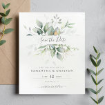 Budget Greenery Eukalyptus Wedding Save the Date<br><div class="desc">Schöne Save the Date Karte mit Aquarell Eukalyptus und goldenen Blätter. Ideal für Hochzeiten im Frühling und im Sommer.</div>