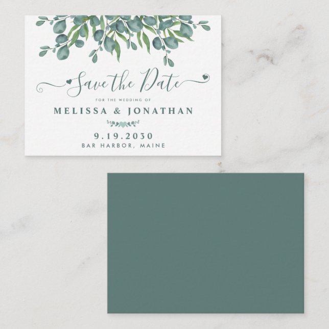 Budget Greenery Eukalyptus Wedding Save the Date Mitteilungskarte (Vorne/Hinten)