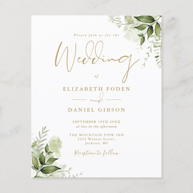 Budget Greenery Floral Gold Hochzeit Einladung (Vorderseite)
