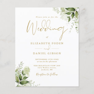 Budget Greenery Floral Gold Hochzeit Einladung