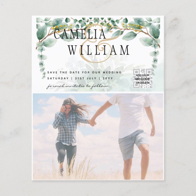 BUDGET Greenery FOTO Wedding Save the Date QRcode Flyer (Vorne)