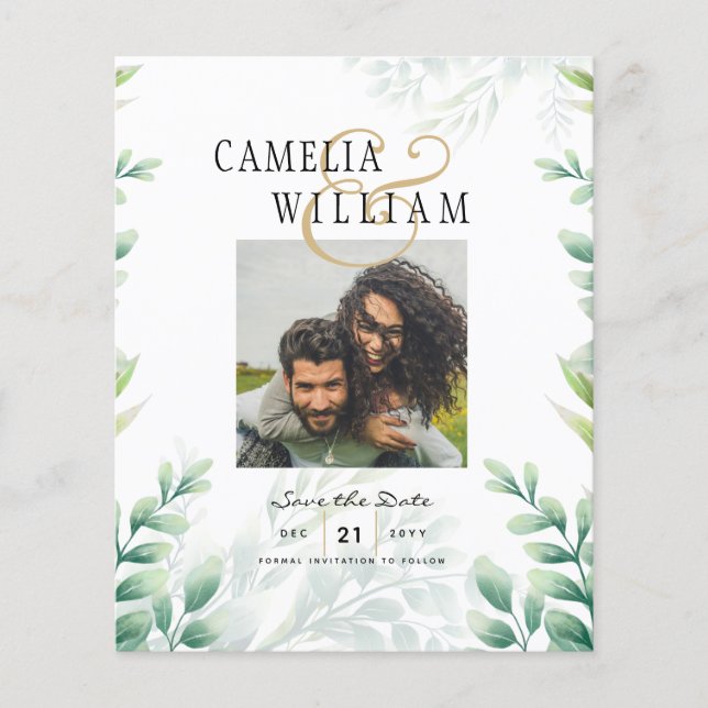 BUDGET Greenery FOTO Wedding Save the Date QRcode Flyer (Vorne)