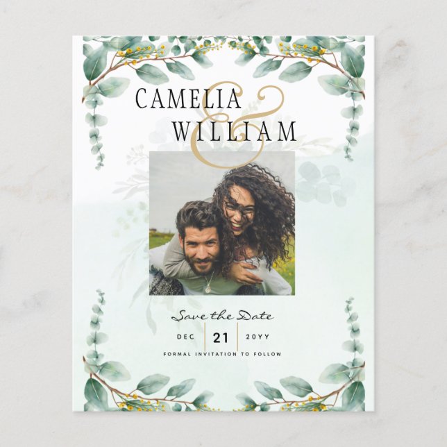 BUDGET Greenery FOTO Wedding Save the Date QRcode Flyer (Vorne)