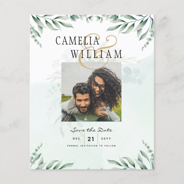 BUDGET Greenery FOTO Wedding Save the Date QRcode Flyer (Vorne)