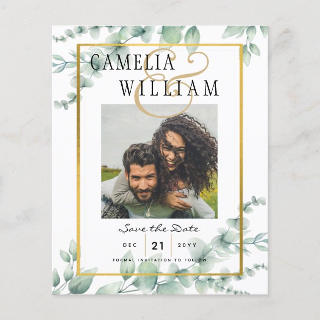 BUDGET Greenery FOTO Wedding Save the Date QRcode Flyer (Vorne)