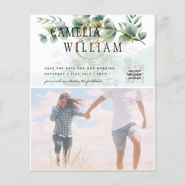 BUDGET Greenery FOTO Wedding Save the Date QRcode Flyer (Vorne)