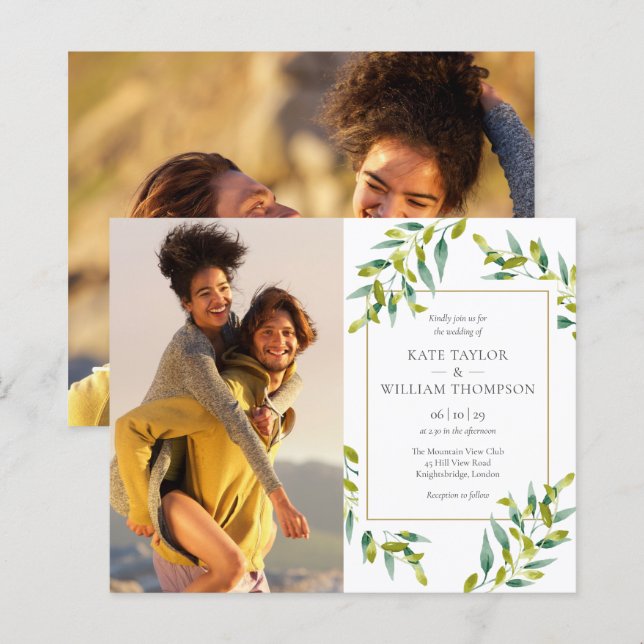 Budget Greenery Fotos Hochzeit Einladung (Vorne/Hinten)