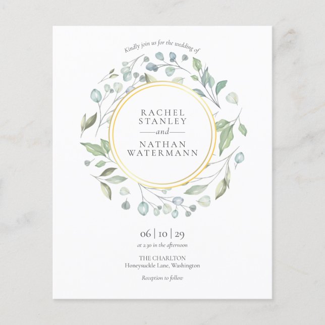 Budget Greenery Garland Gold Hochzeit Einladung (Vorderseite)