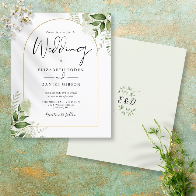 Budget Greenery Gold Arch Hochzeit Einladung (Von Creator hochgeladen)