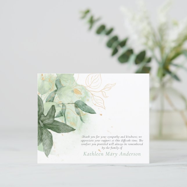 Budget Greenery Gold Funeral Carte de remerciement (Debout devant)