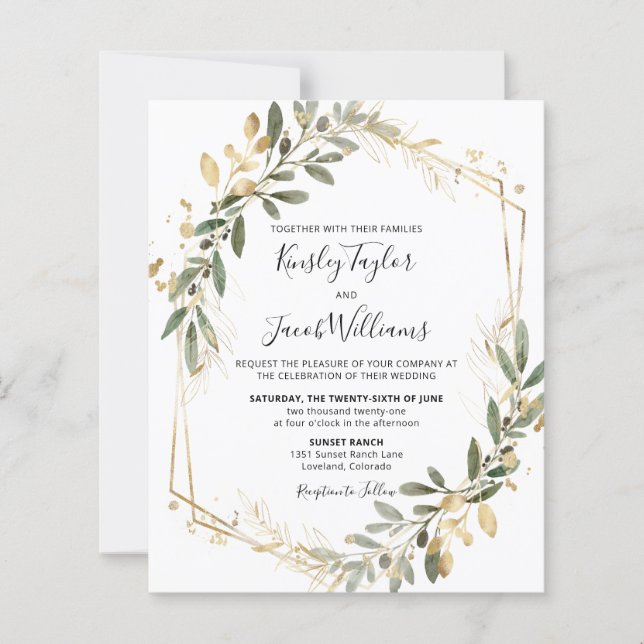 Budget Greenery & Gold Geometric Wedding Einladung (Vorderseite)