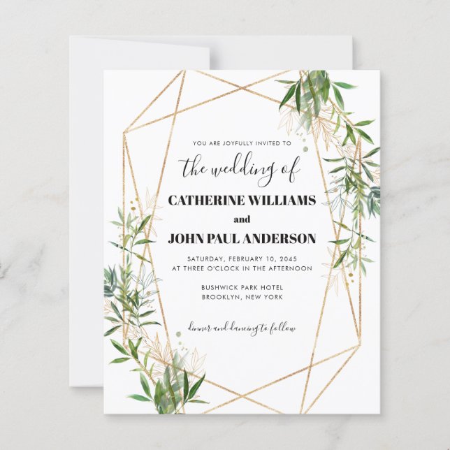 Budget Greenery Leaf Foliage Gold Moderne Hochzeit (Vorderseite)