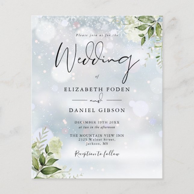 Budget Greenery Monogram Winter Wedding Einladung (Vorderseite)