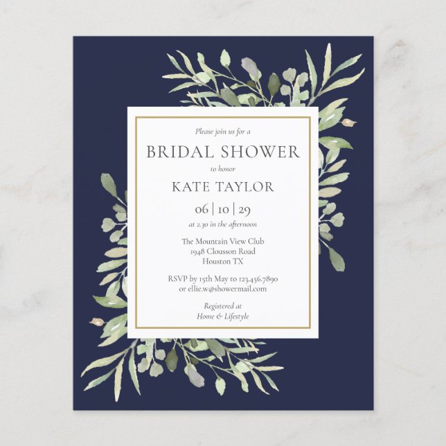 Budget Greenery Navy Blue Bridal Dusche Einladung (Vorderseite)