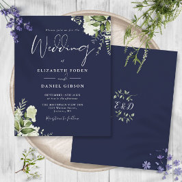 Budget Greenery Navy Blue Wedding Einladung