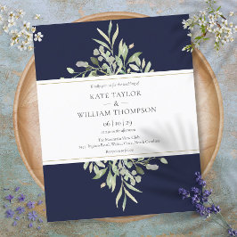 Budget Greenery Navy Blue Wedding Einladung