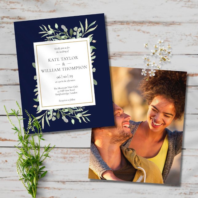 Budget Greenery Navy Blue Wedding Foto Einladung (Von Creator hochgeladen)