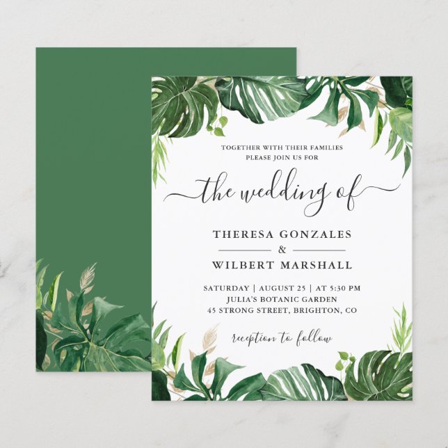 Budget Greenery Tropical Palm Leaf Wedding Einladu (Vorne/Hinten)