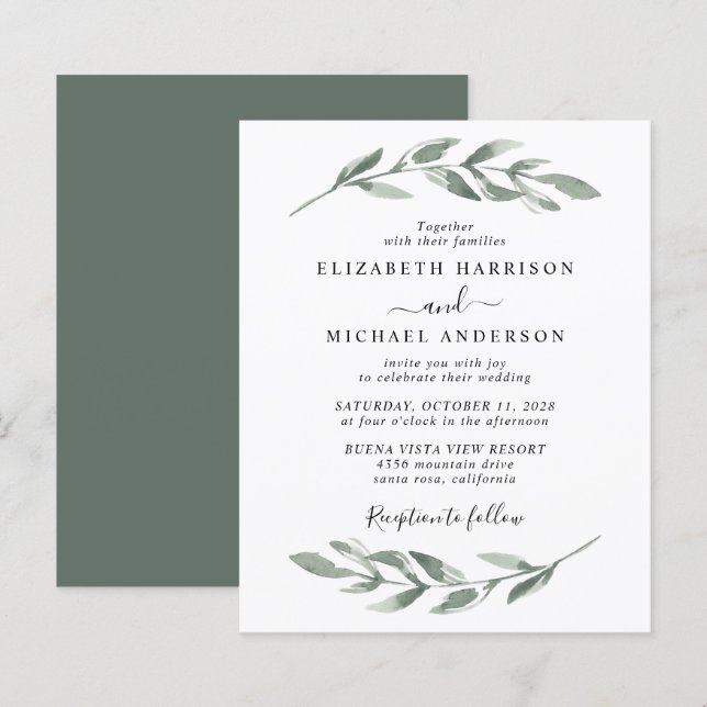 Budget Greenery Watercolor Einladung zur Hochzeit (Vorne/Hinten)